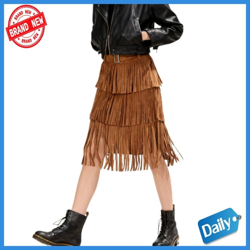 Faux Suede Boho Fringe Skirt, Adjustable Belt, Below Knee Length